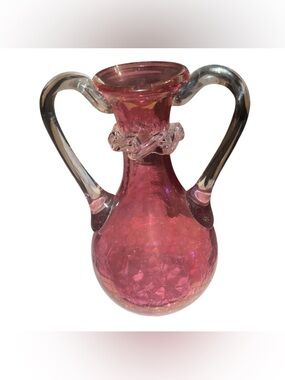 Vintage Mid-Century Pink Crackle Glass Amphora Vase - Hand Blown